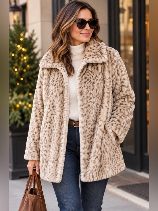 dennis basso Jackets & Blazers - Dennis by Dennis Basso Faux Fur Animal Print Jacket Coat Women’s Medium Beige